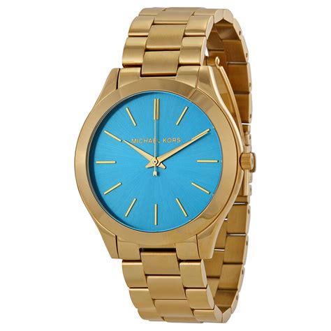 michael kors runway gold dial blue strap women& 39|Michael Kors slim runway watch.